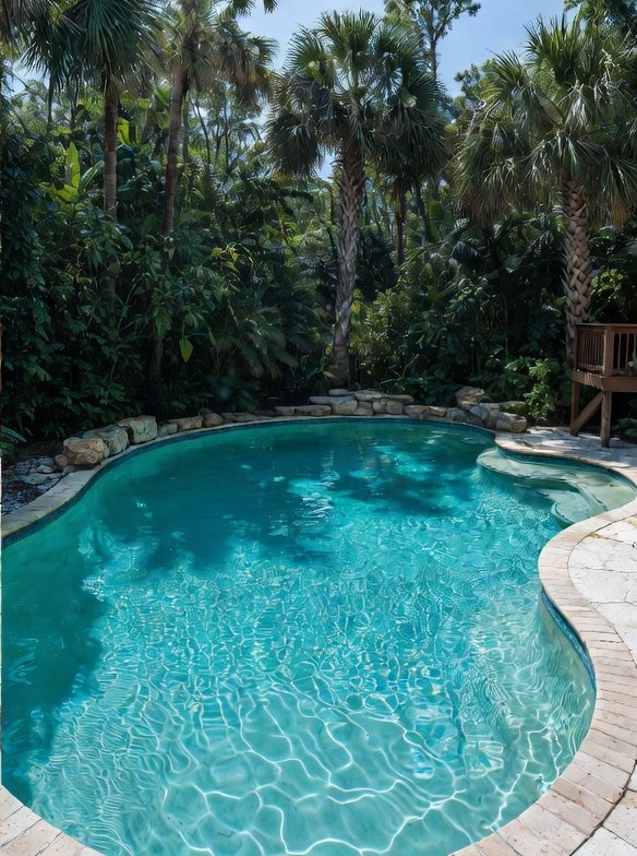 Crystal clear blue backyard pool after Paradise Pools service