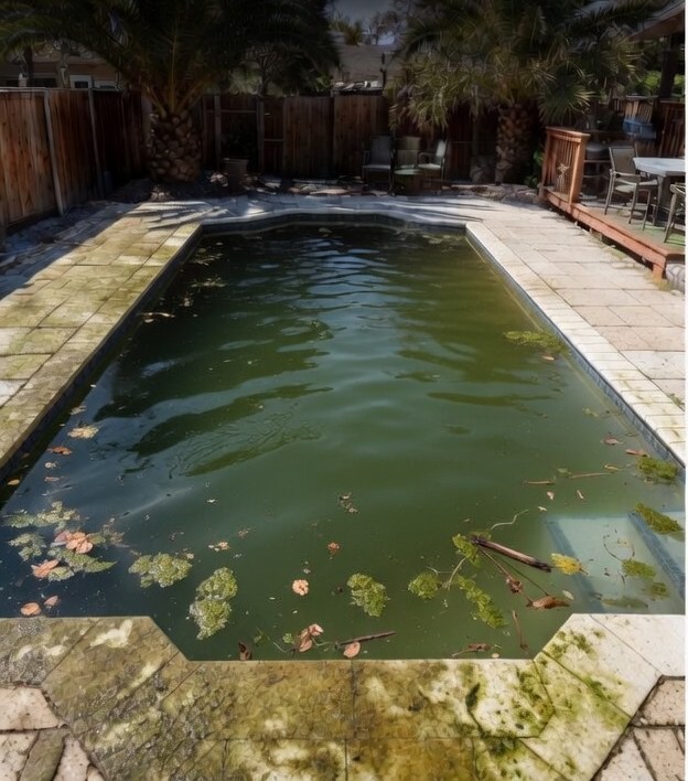 Residential backyard pool with green algae before Paradise Pools cleaning