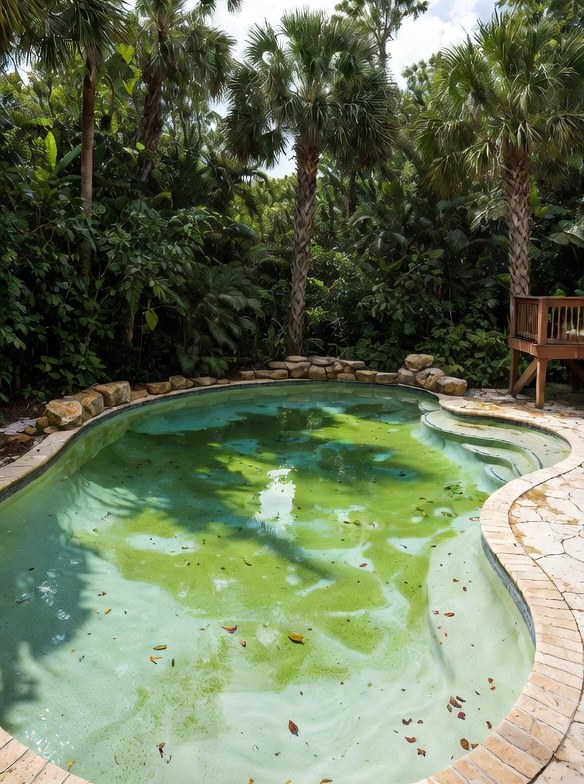 Backyard pool with green algae water before Paradise Pools service